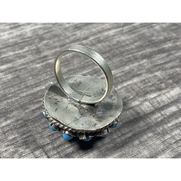 Vintage Atomic Sputnik Ring Blue Cabochon Cluster Silver Tone Size 6 - Picture 7 of 9